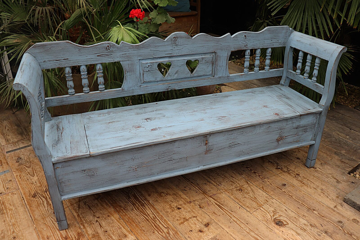 ❤️ Old Style Pine/ Blue Painted Storage/ Hungarian Box Bench/ Pew ❤️ - oldpineshop.co.uk