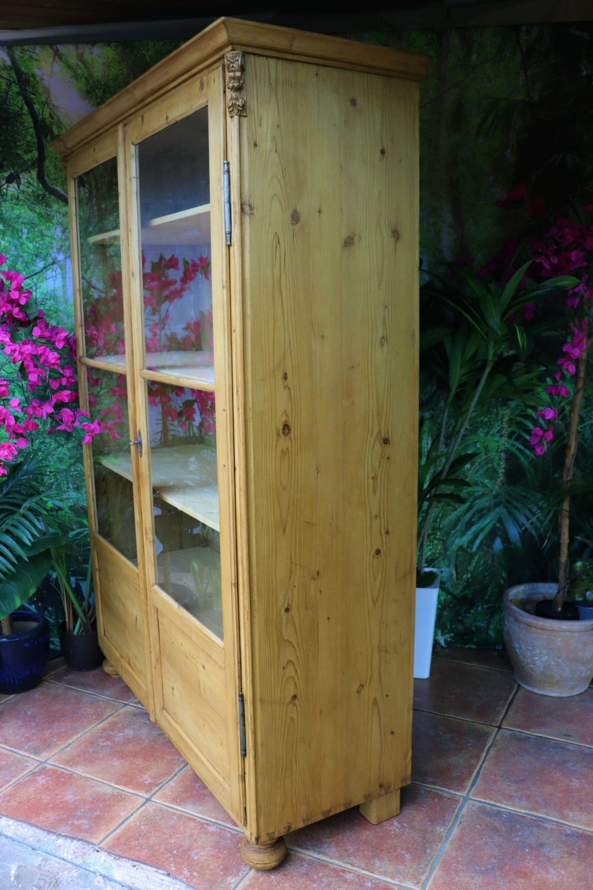 🤩 Big! Very Old Glazed Pine Display Cupboard/ Cabinet & Adjustable Shelves 🤩