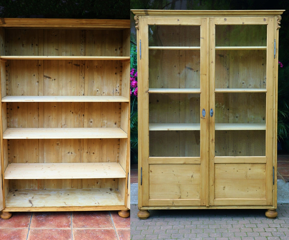 🤩 Big! Very Old Glazed Pine Display Cupboard/ Cabinet & Adjustable Shelves 🤩