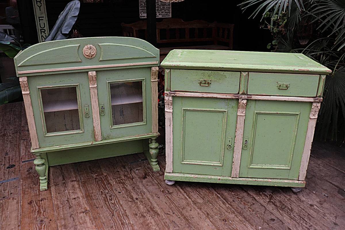 π AMAZING OLD PRE-WAR PINE/ GREEN & WHITE PAINTED 2 PIECE GLAZED DRESSER π - oldpineshop.co.uk