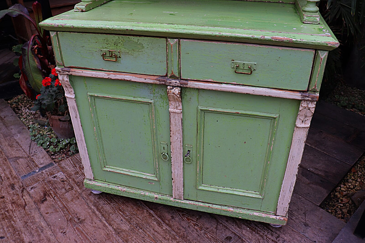 π AMAZING OLD PRE-WAR PINE/ GREEN & WHITE PAINTED 2 PIECE GLAZED DRESSER π - oldpineshop.co.uk