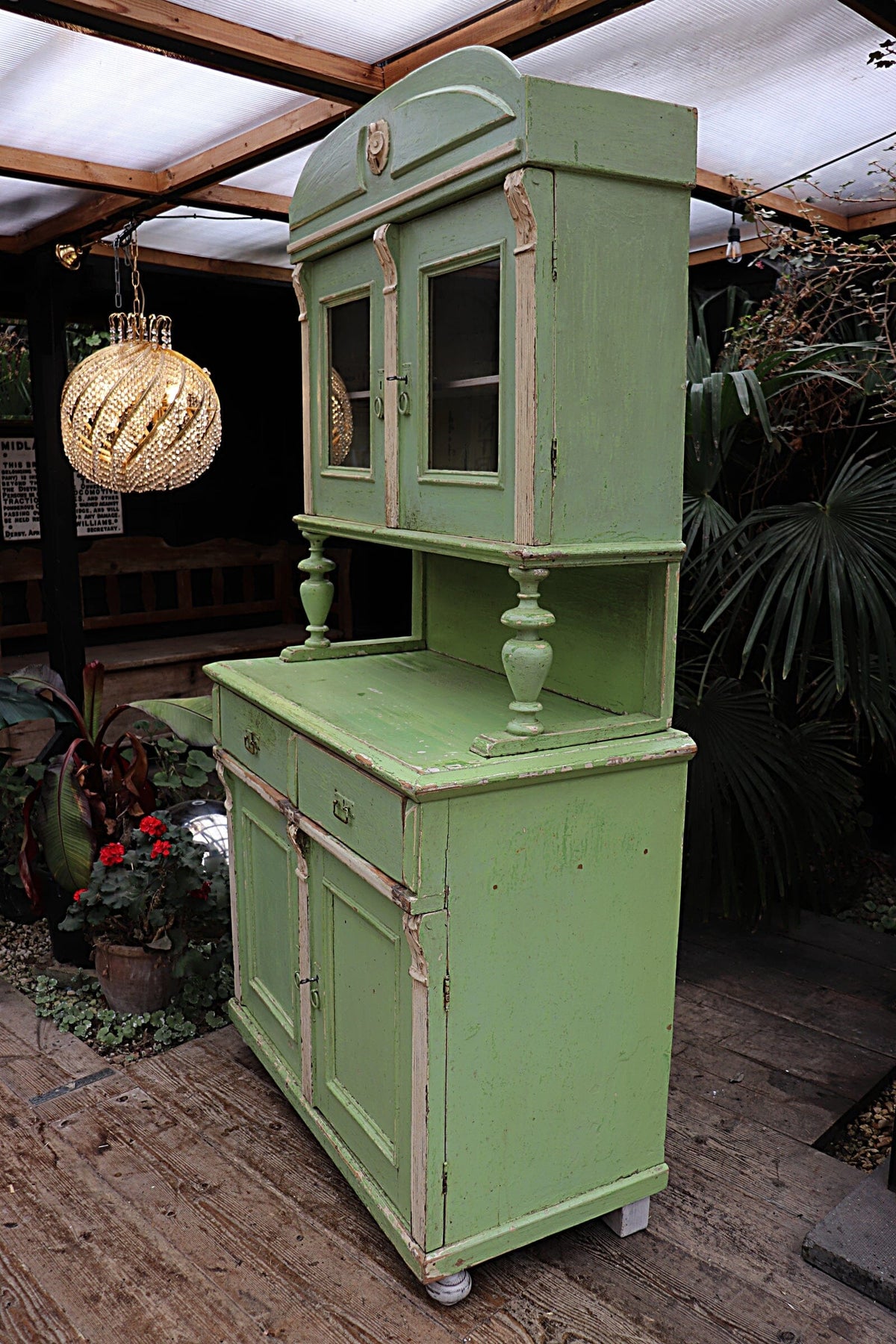 π AMAZING OLD PRE-WAR PINE/ GREEN & WHITE PAINTED 2 PIECE GLAZED DRESSER π - oldpineshop.co.uk