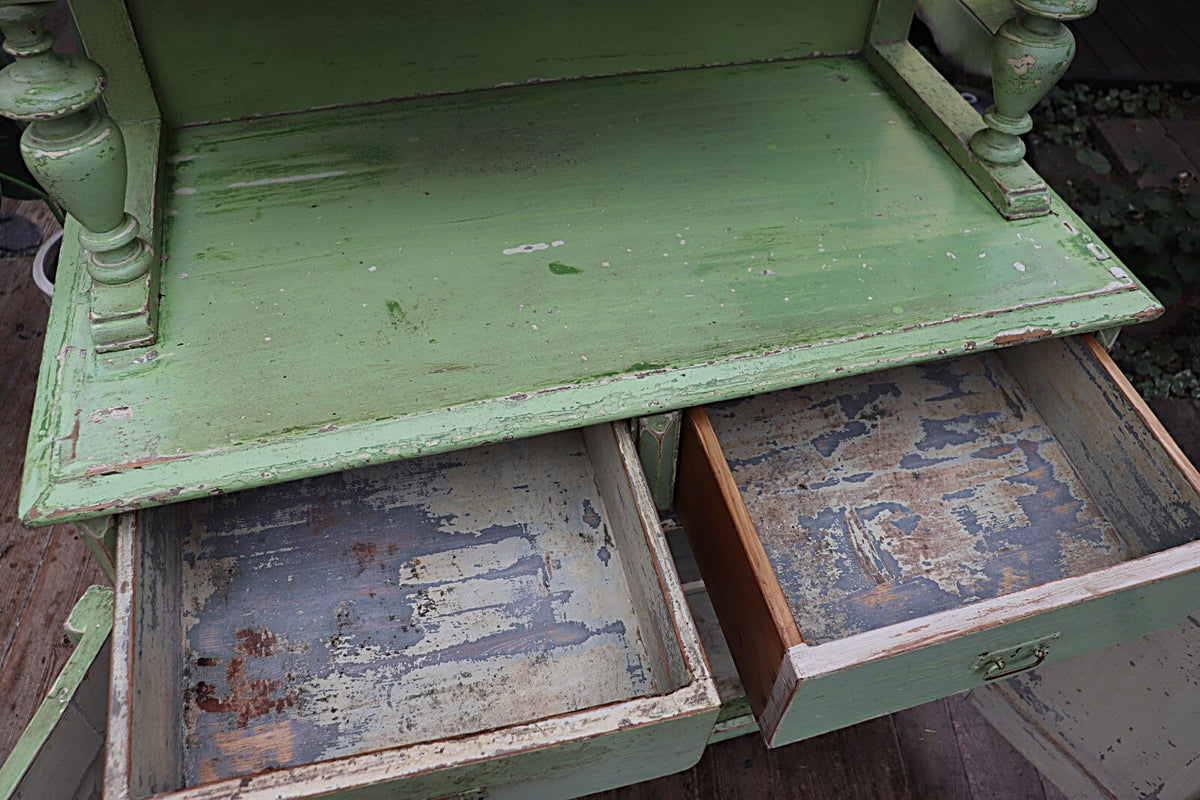 π AMAZING OLD PRE-WAR PINE/ GREEN & WHITE PAINTED 2 PIECE GLAZED DRESSER π - oldpineshop.co.uk