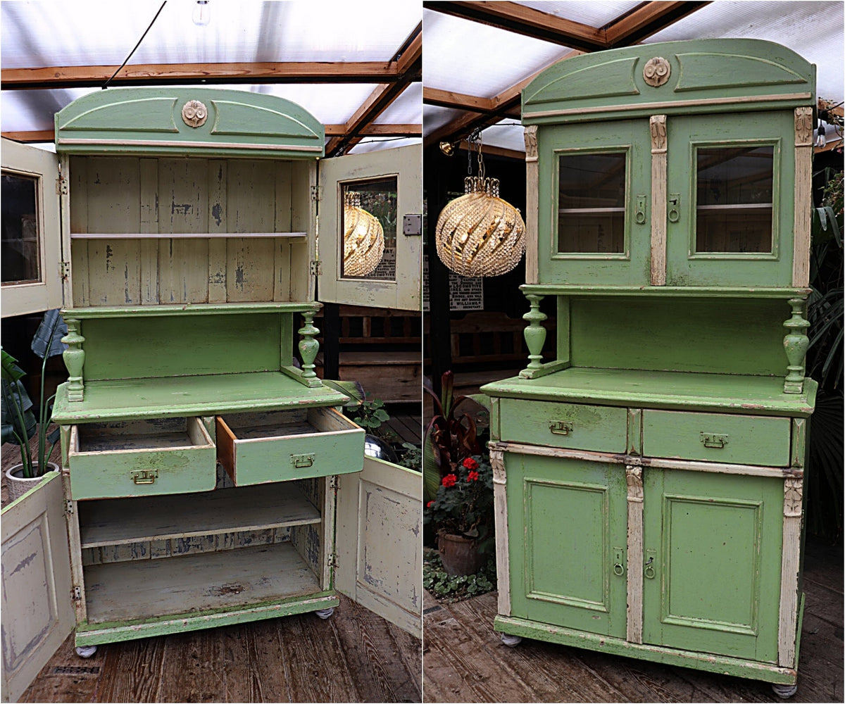 π AMAZING OLD PRE-WAR PINE/ GREEN & WHITE PAINTED 2 PIECE GLAZED DRESSER π - oldpineshop.co.uk