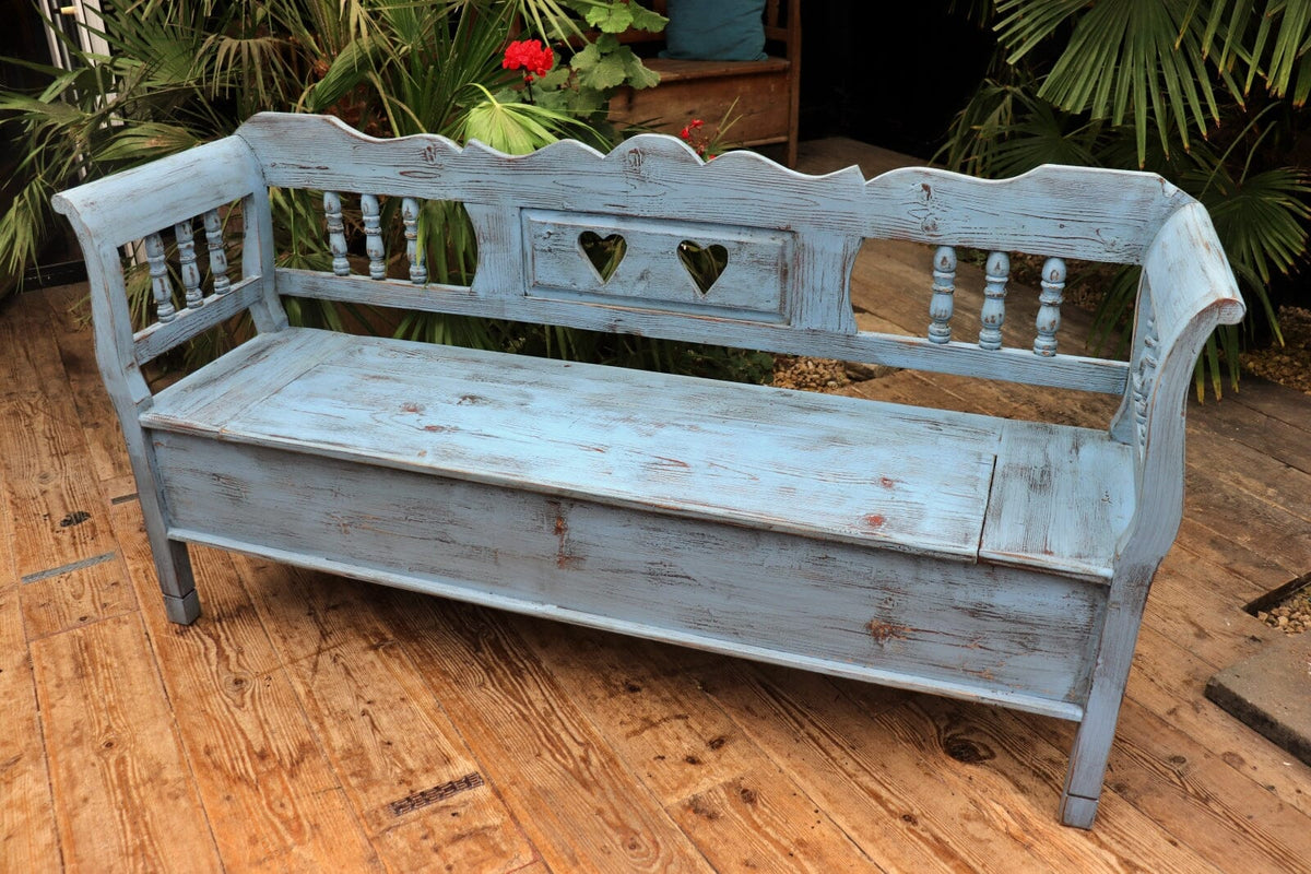 Old Antique Style Pine/ Blue Painted Storage/ Hungarian Box Bench/ Pew