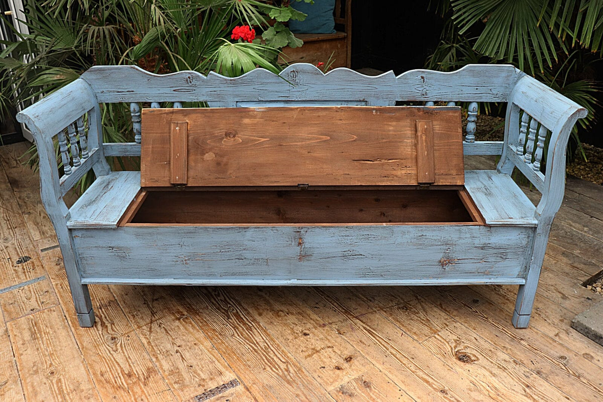 ❤️ Old Style Pine/ Blue Painted Storage/ Hungarian Box Bench/ Pew ❤️ - oldpineshop.co.uk