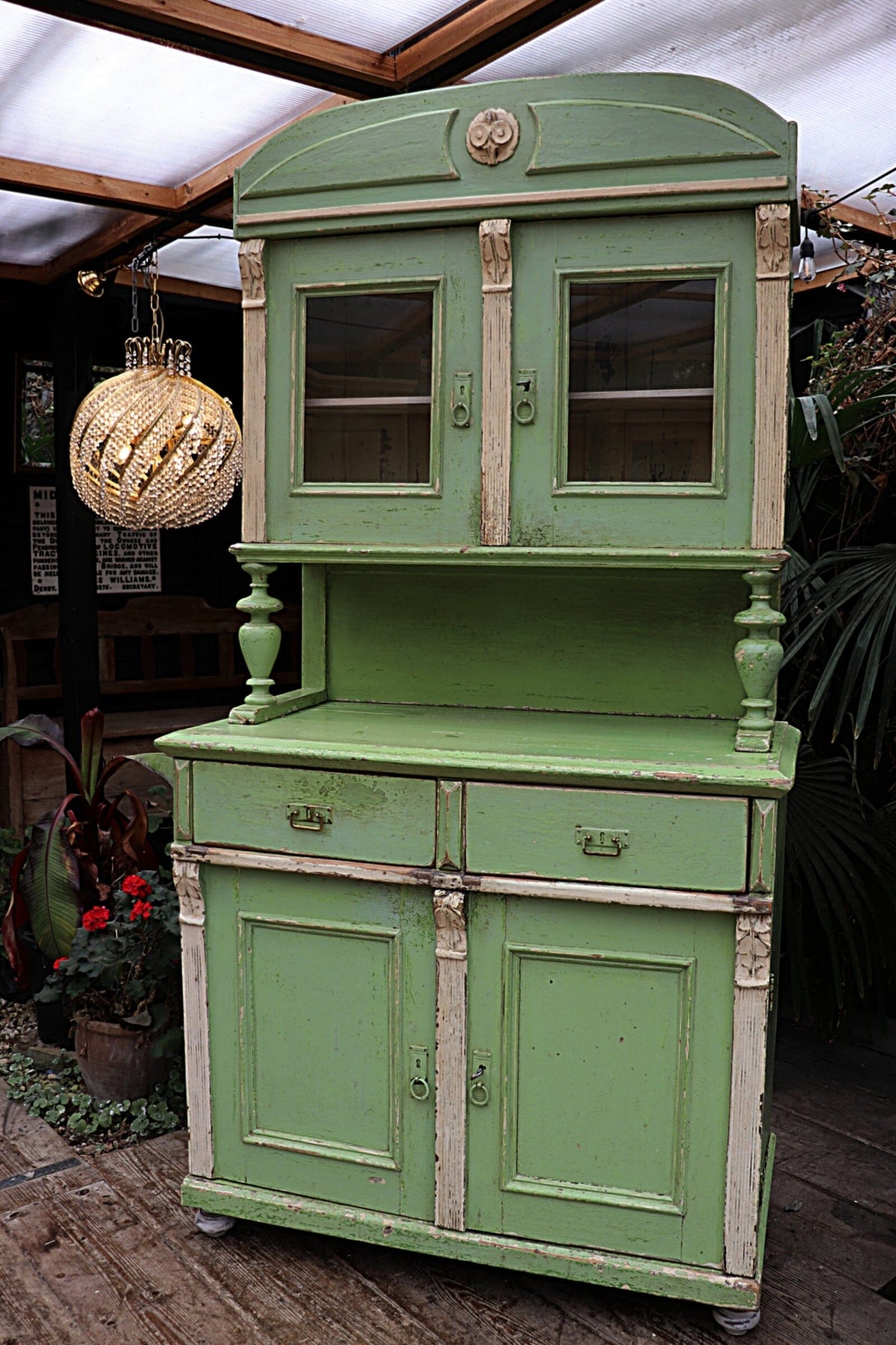 💕 AMAZING OLD PRE-WAR PINE/ GREEN & WHITE PAINTED 2 PIECE GLAZED DRESSER 💕 - oldpineshop.co.uk