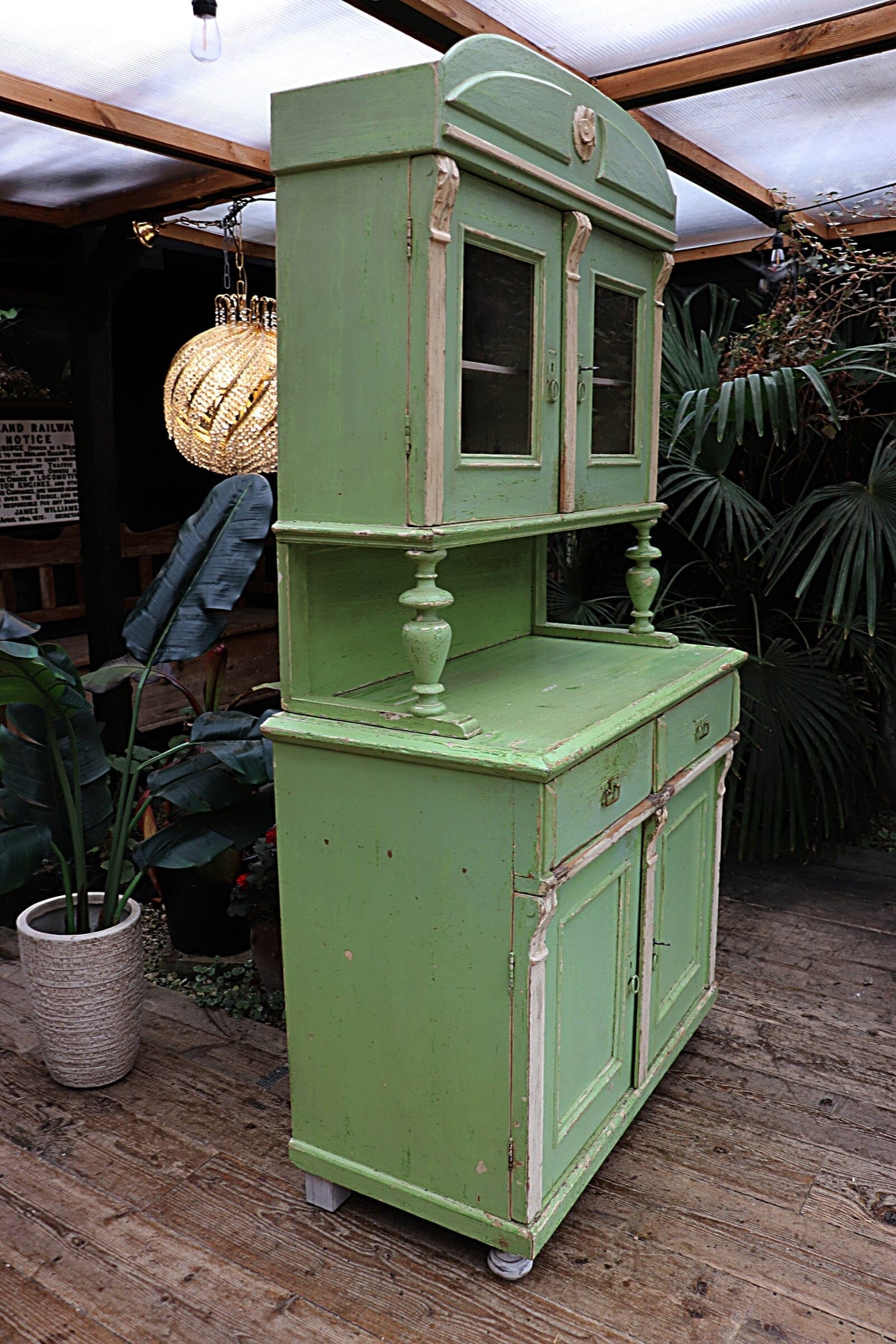 💕 AMAZING OLD PRE-WAR PINE/ GREEN & WHITE PAINTED 2 PIECE GLAZED DRESSER 💕 - oldpineshop.co.uk