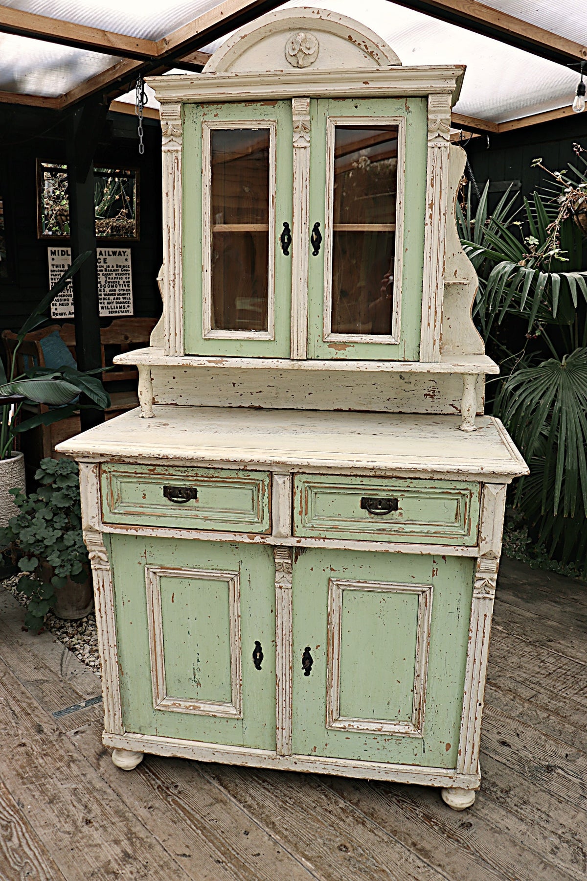 ❤️  WONDERFUL CREAM/SAGE GREEN OLD PAINTED PINE VICTORIAN GLAZED DRESSER  ❤️ - oldpineshop.co.uk