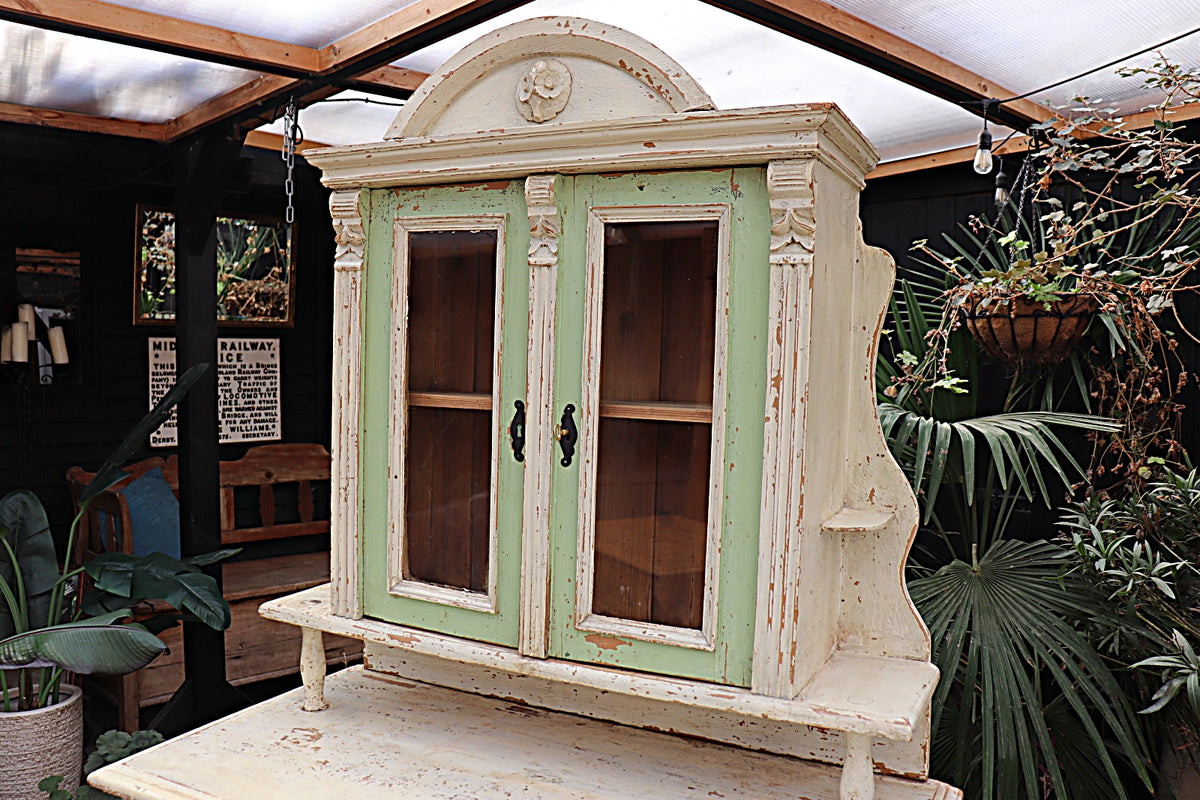 ❤️  WONDERFUL CREAM/SAGE GREEN OLD PAINTED PINE VICTORIAN GLAZED DRESSER  ❤️ - oldpineshop.co.uk
